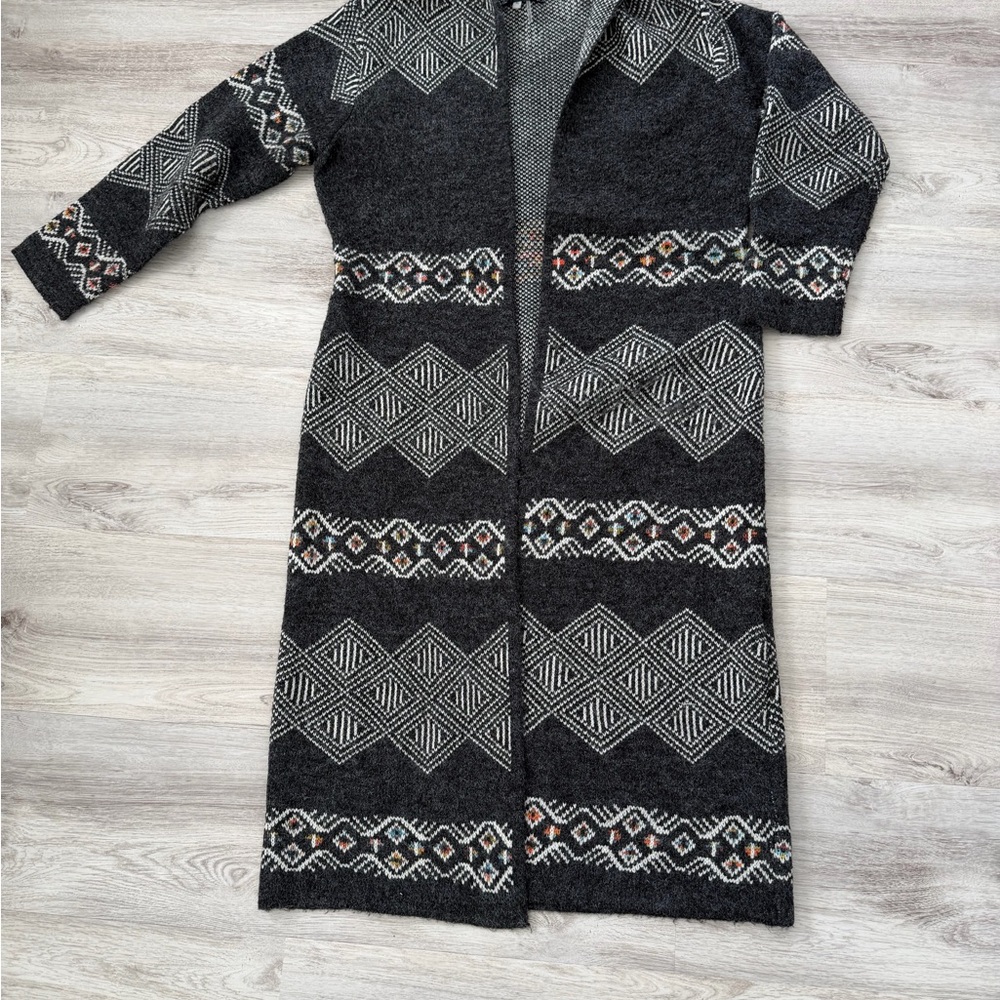 SALONI Black & Cream Long Open-Front Geometric Knit Cardigan women’s